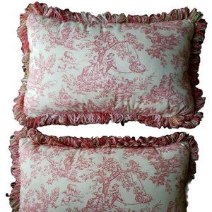 2 Pink Toile Rectangular Pillows Pink & Green Loop Fringe 12” X 20” CUSTOM MADE